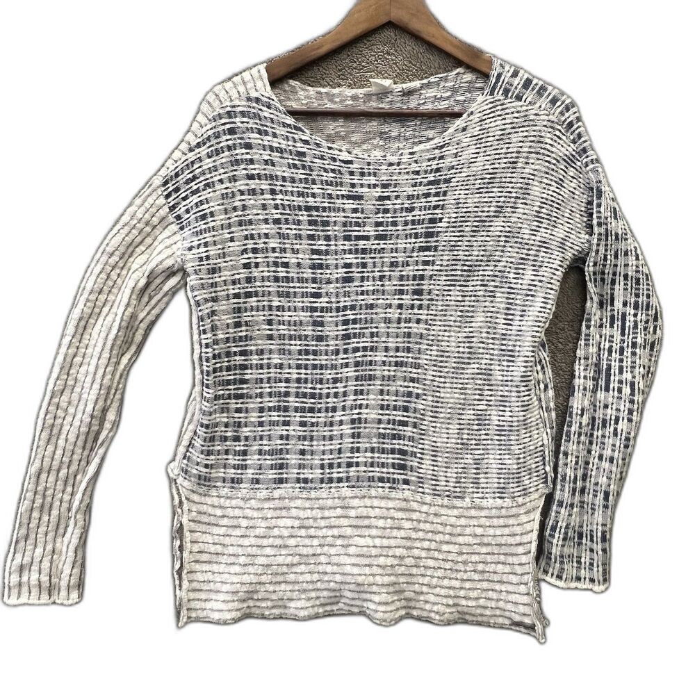 Roxy Patchwork Marled Sweater Side Slits Cotton Breathable Sz M Blue Gray White